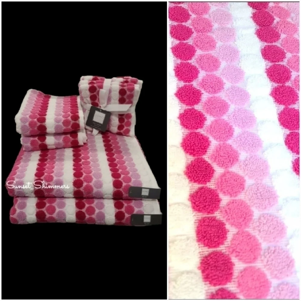 6pc Soho Living Bath Hand Tip Striped Dot Pink Ombre Towel Set New - Picture 1 of 11